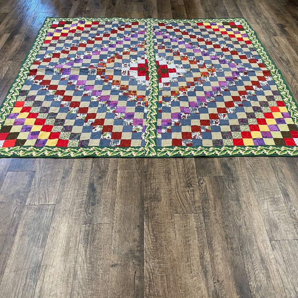 Handmade Around the World Pattern block Double Quilt